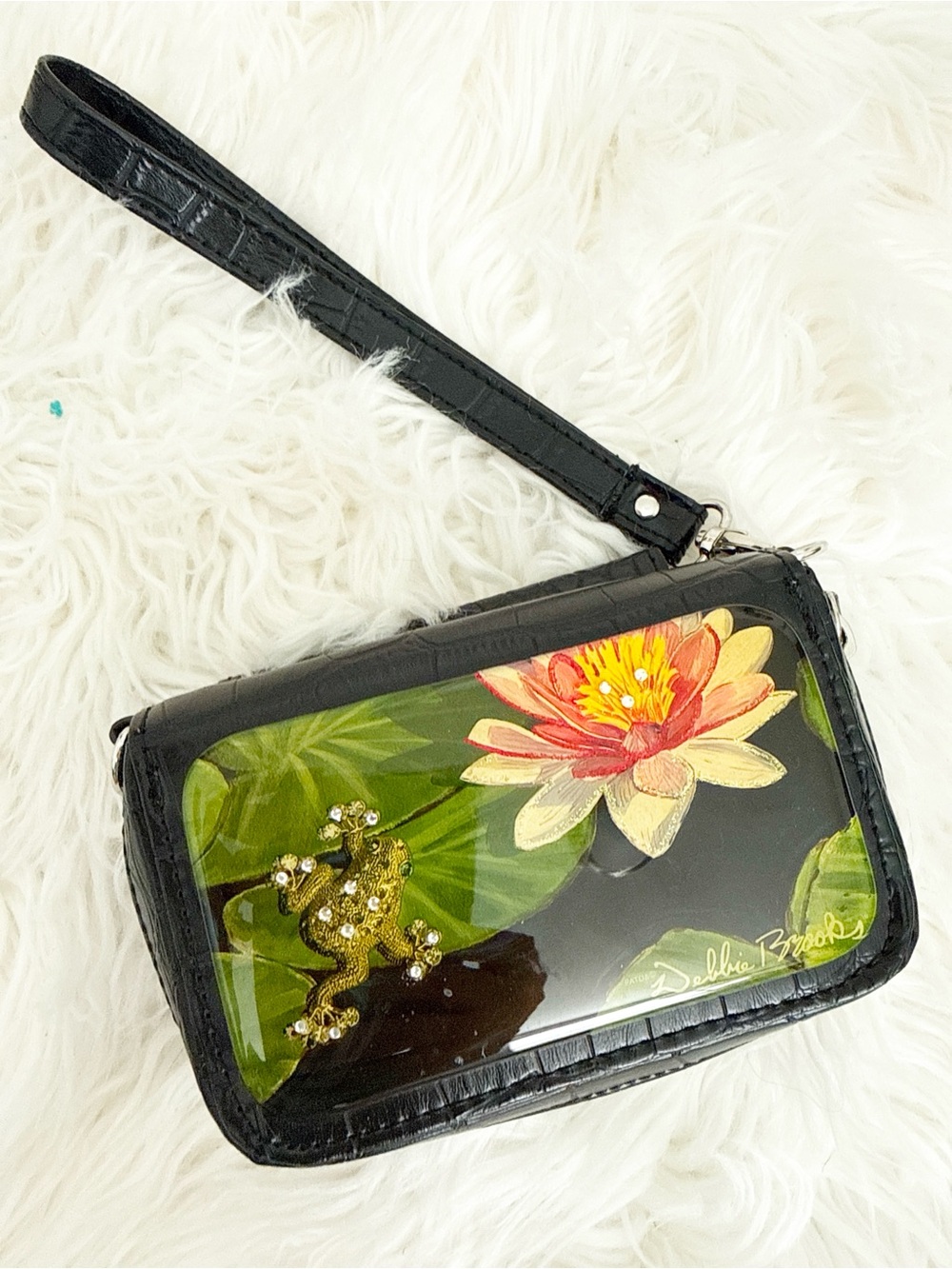 Black Floral Wristlet Clutch with Embellished Frog Accent